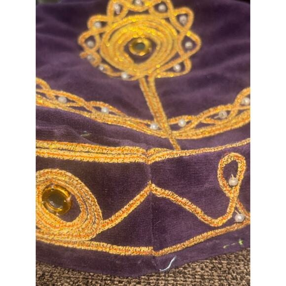 Vintage Velvet Embroidered Turkish Hat Kufi Gold Thread Mirror Bead Costume - Picture 5 of 8